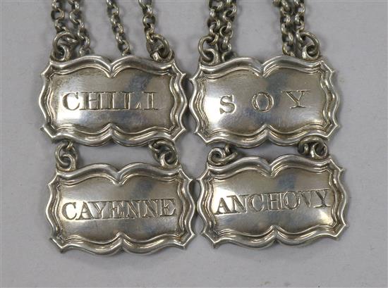 A set of 4 Victorian silver sauce labels; Anchovy, Cayenne, Chili & Soy